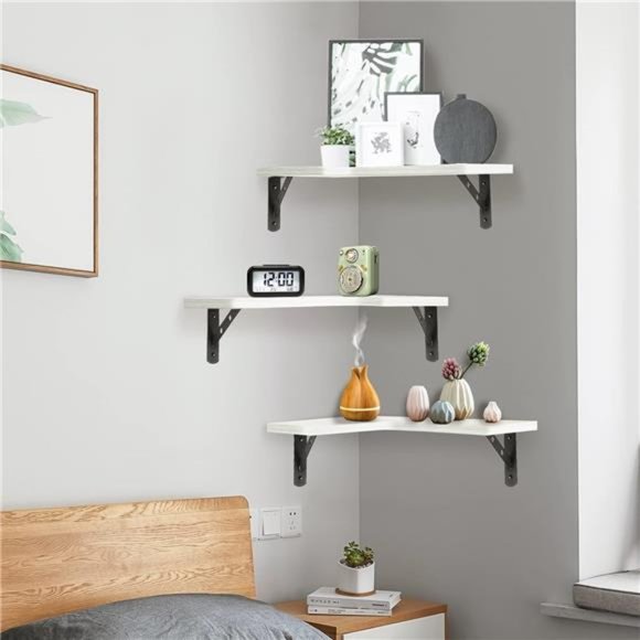 Corner Floating Shelves Wall Set of 4, Natural Mounted Rustic Wood Shelves - Picture 5 of 6